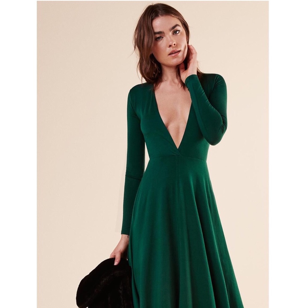 Reformation green deep V Reyes dress in Emerald